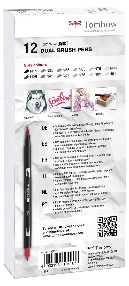 Tombow ABT Dual Brush Pens - Grey Colours - 12-pack - Create A Little Magic (Pty) Ltd